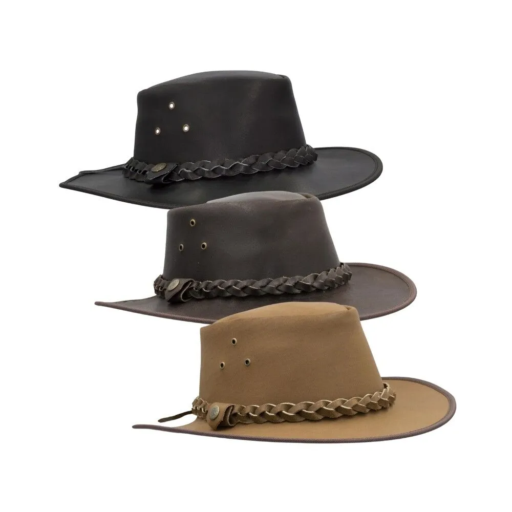 Leather Cowhide Outback Braided Traveller Hat