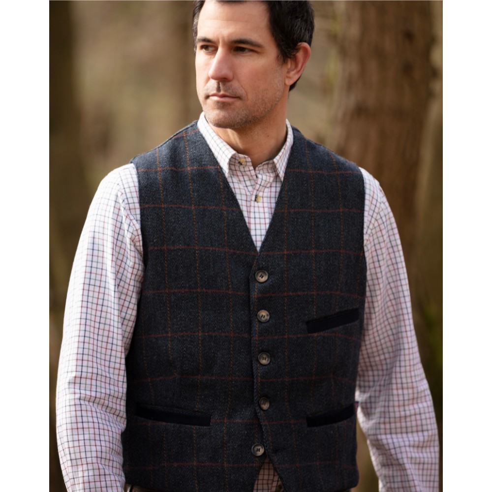 mens derby tweed alcott waistcoat blue tweed model