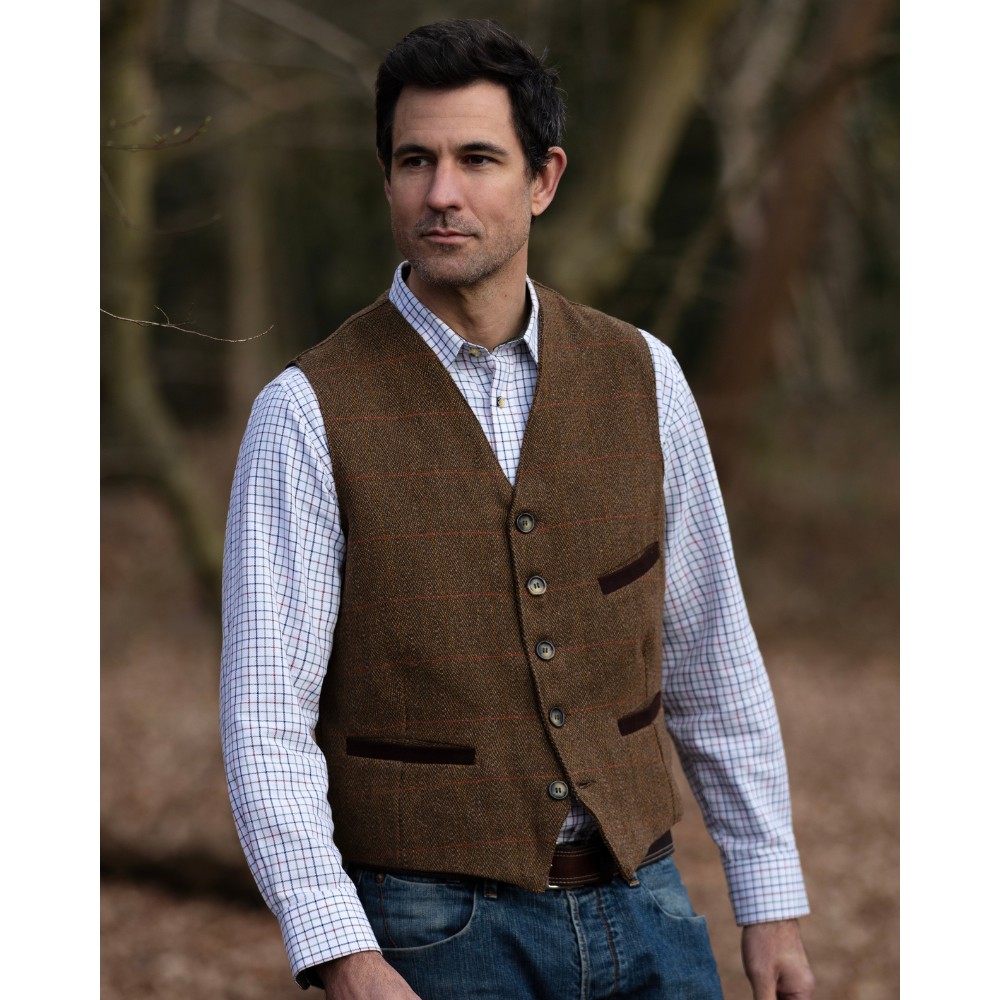 mens derby tweed alcott waistcoat brown tweed model
