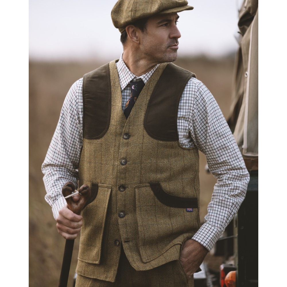 model photo of winston waistcoat in light sage