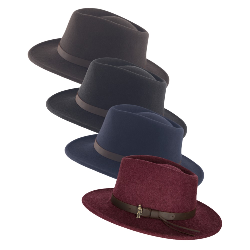Full range of Walker & Hawkes Boston Wool Felt Hats, available in brown, black, blue and burgundy.
