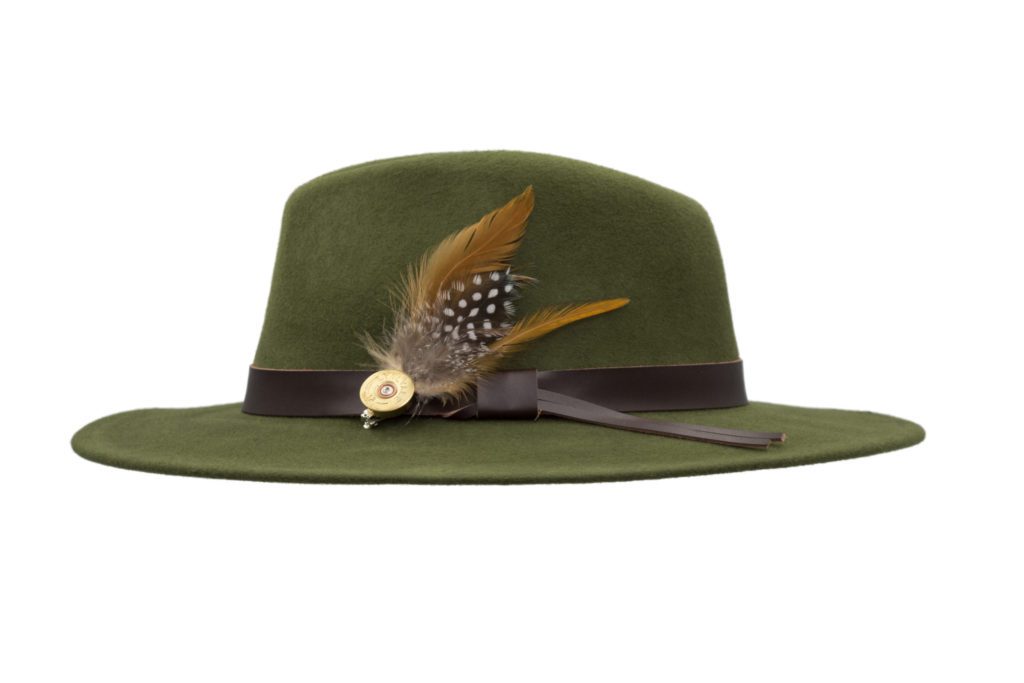 fedora crushable felt hat with leather trim and feather