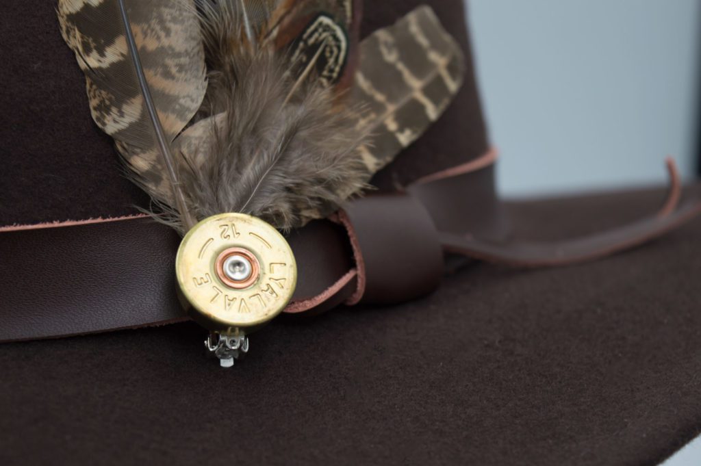 fedora crushable felt hat with leather trim and feather