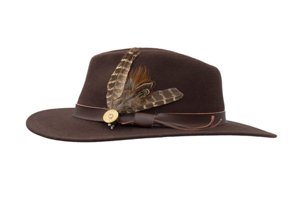 fedora crushable felt hat with leather trim and feather