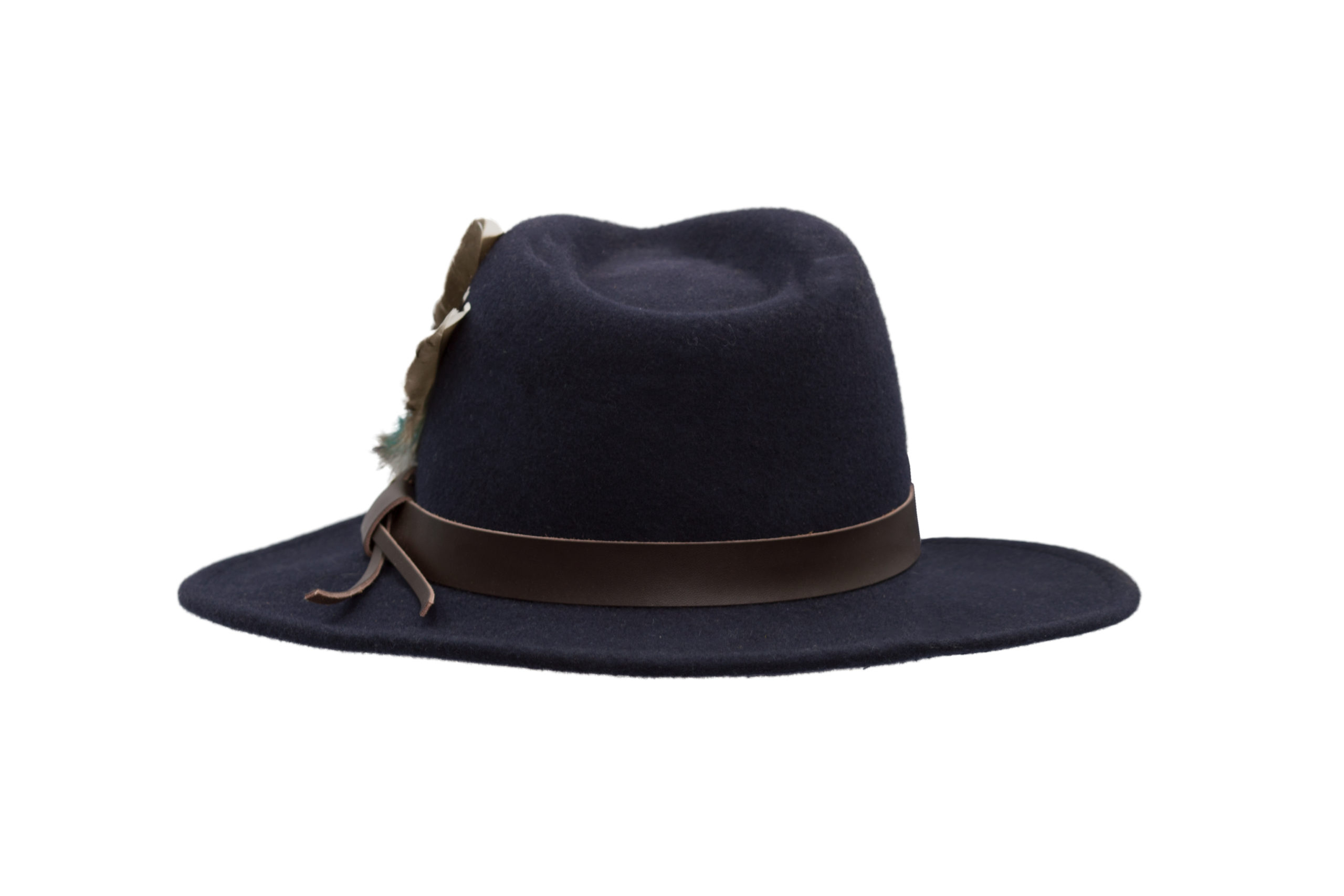fedora crushable felt hat with leather trim and feather