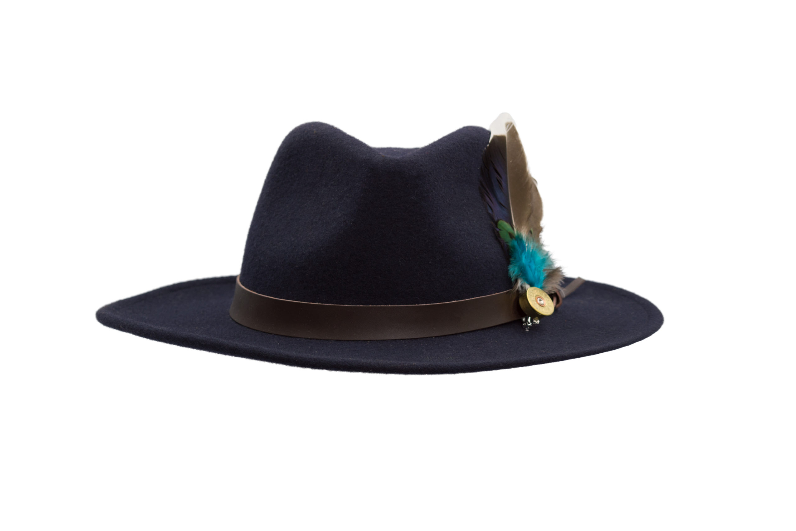 fedora crushable felt hat with leather trim and feather
