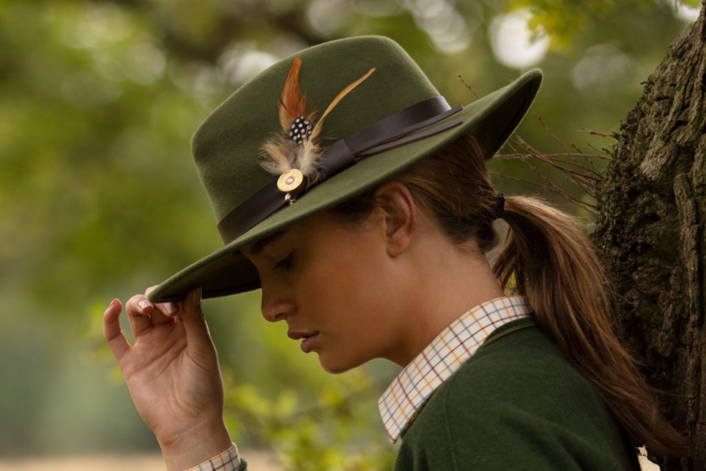 fedora crushable felt hat with leather trim and feather
