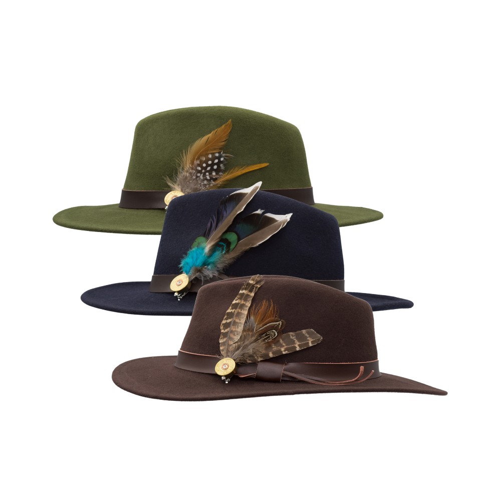 Hanbury Fedora Crushable Felt Hat w/ Leather Trim and Cartridge Feather Brooch