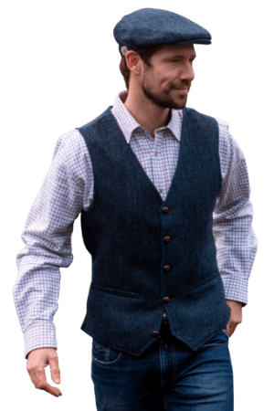 harris tweed waistcoat and flat cap