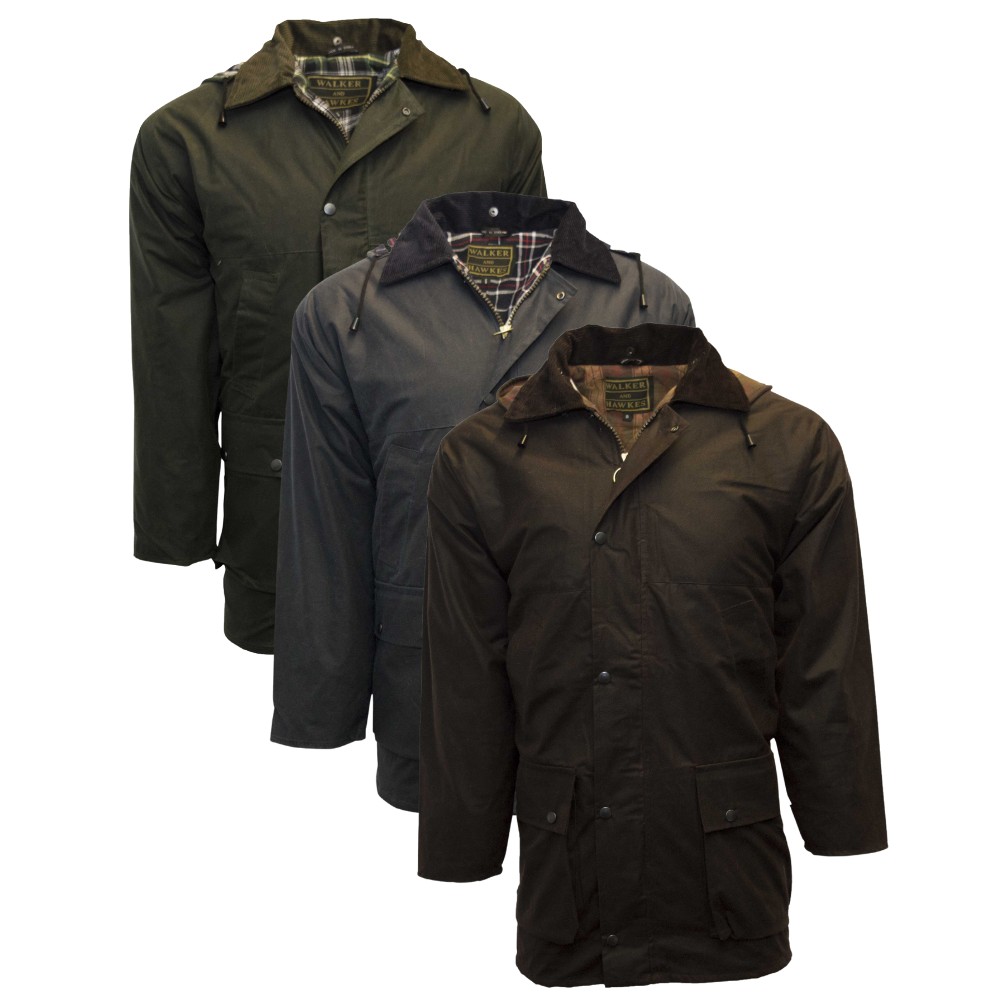 Complete range of the Walker & Hawkes Blackstone waxed jacket.