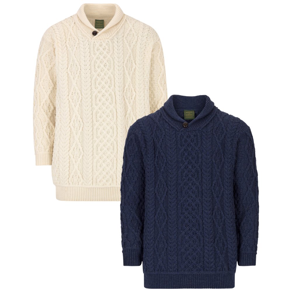 Complete range of the Walker & Hawkes supersoft Merino wool Darlaston jumper in pearl and navy.