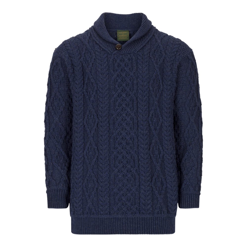 Cut-out photo showing the front of the Walker & Hawkes supersoft Merino wool Darlaston jumper in navy.