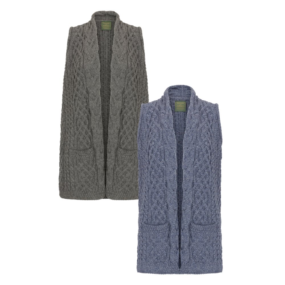 Complete range of the Walker & Hawkes Elmore gilet in pebble grey and sky blue.