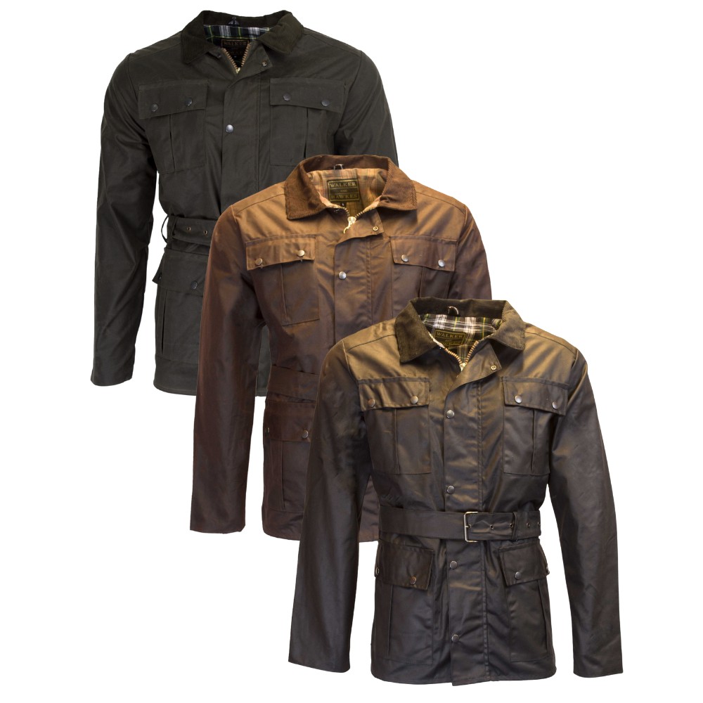 Complete range of the Walker & Hawkes Grafton wax jacket, available in black, brown and olive.