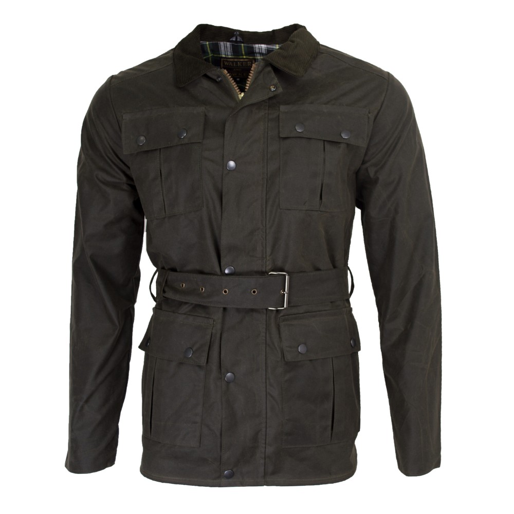 Cut-out photo showing the front of the Walker & Hawkes Grafton wax jacket in olive with the zip partially open.