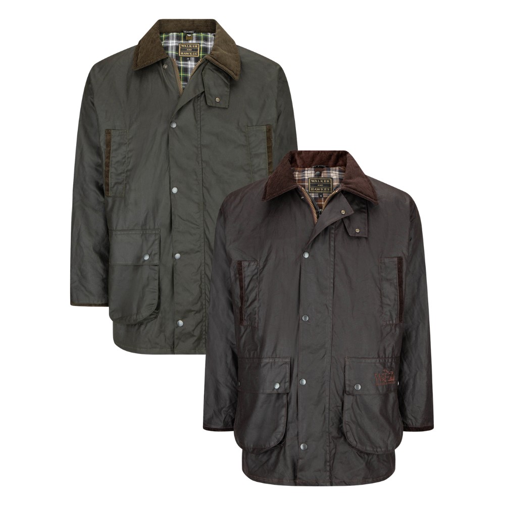 Cut-out photo showing the outers of the Walker & Hawkes Greendale 3-in-1 jacket in olive and brown.