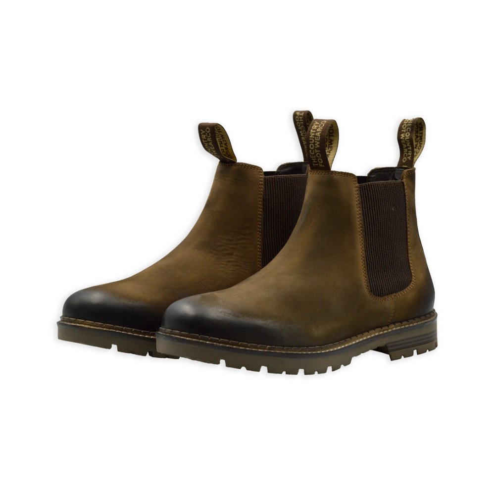 Cut-out photo showing a pair of Walker & Hawkes Horeston Leather Country Boot in brown.