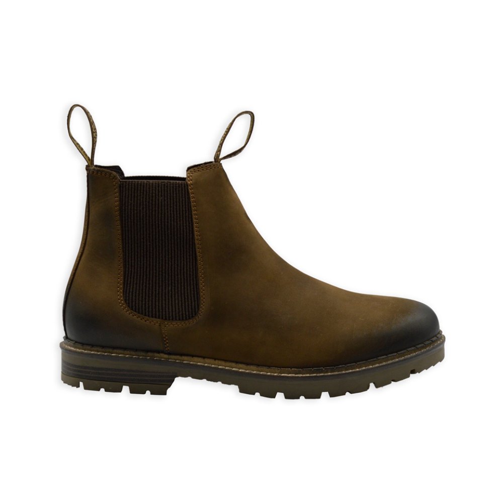 Cut-out photo showing the side of a single Walker & Hawkes Horeston Leather Country Boot in brown.