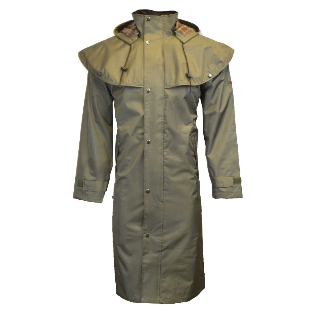 Cut-out photo showing the front of the Walker & Hawkes Midland cape coat in olive.