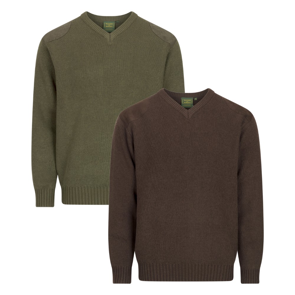Cut out photos of the complete range of Walker & Hawkes Men's Burdale V-neck jumpers, available in green and brown.