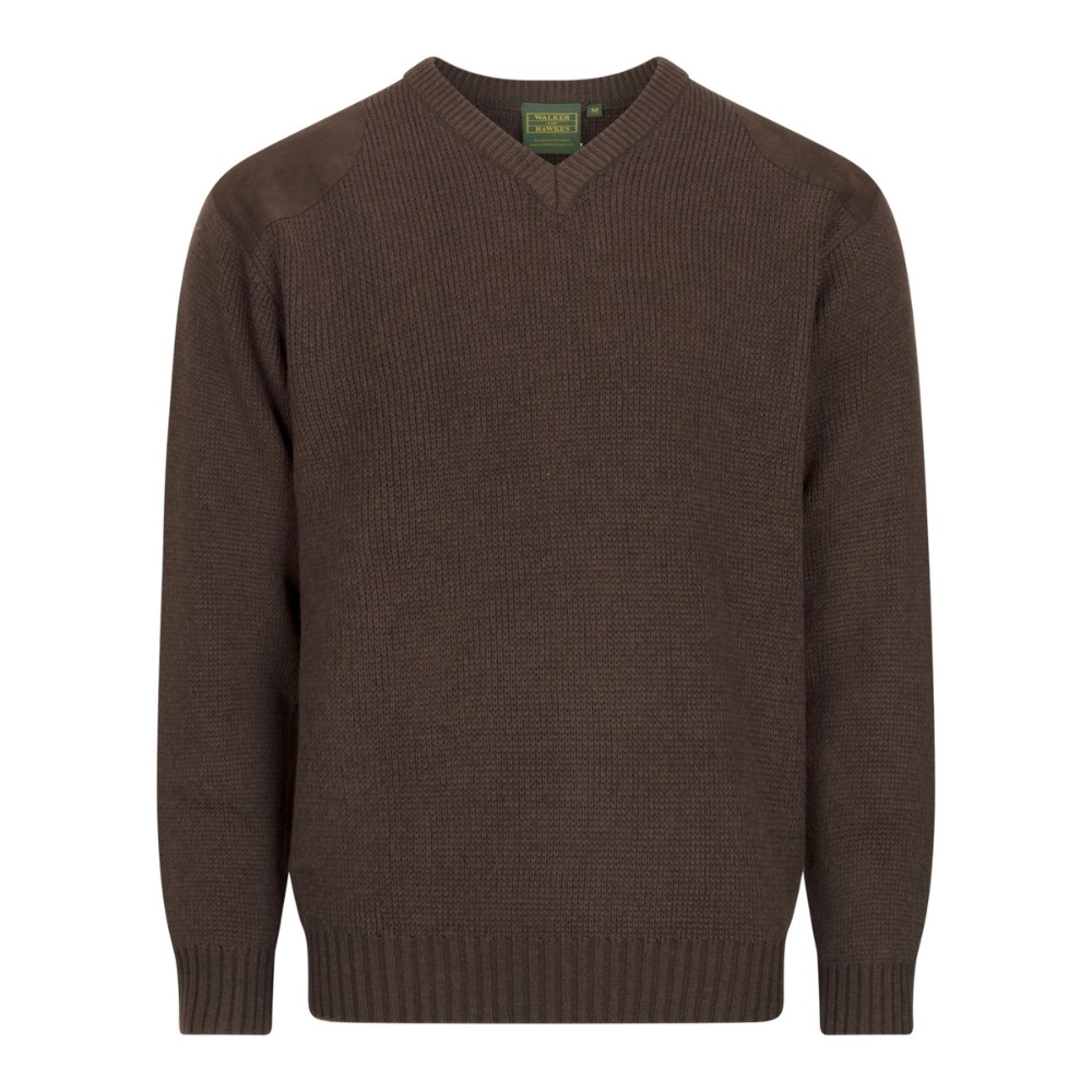 Cut out photo of a side on view of the Walker & Hawkes Men's Burdale V-neck jumper in green.