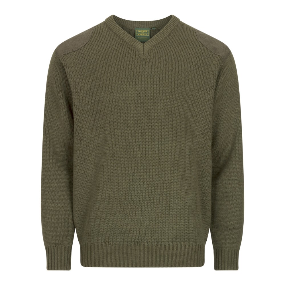 Cut out photo of a side on view of the Walker & Hawkes Men's Burdale V-neck jumper in green.