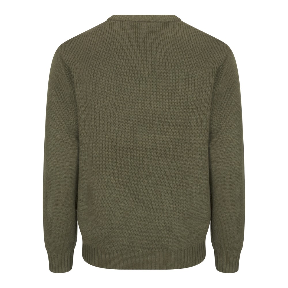 Cut out photo of the rear of the Walker & Hawkes Men's Burdale V-neck jumper in green.