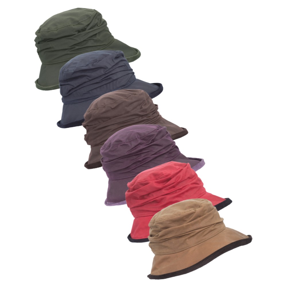 Complete range of the Walker & Hawkes Diana hats, available in olive, navy, brown, plum, red and beige.