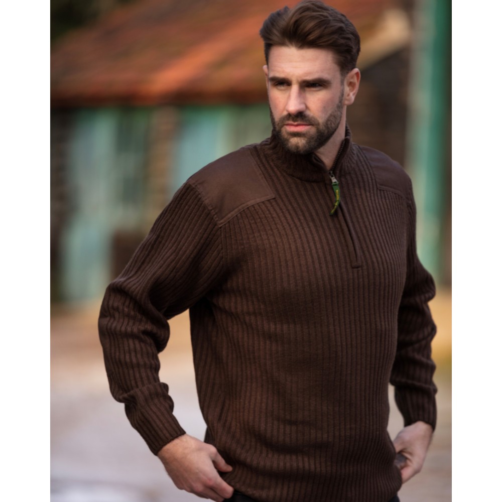 mens gardham zip neck jumper brown model