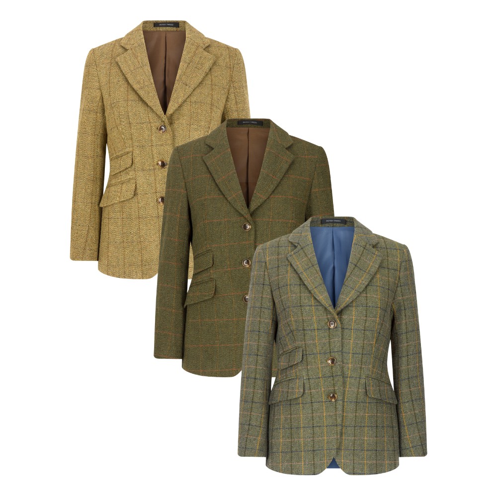 Cut out photo of the complete range of Walker & Hawkes Mayland blazers, available in navy stripe, light sage and dark sage.