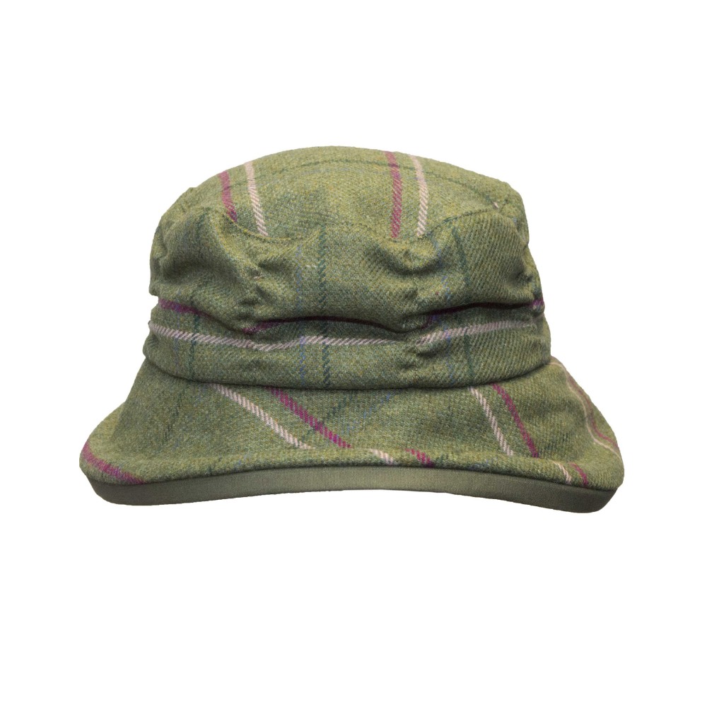 Cut out side view of a Derby Tweed Rouche hat with a pink stripe.