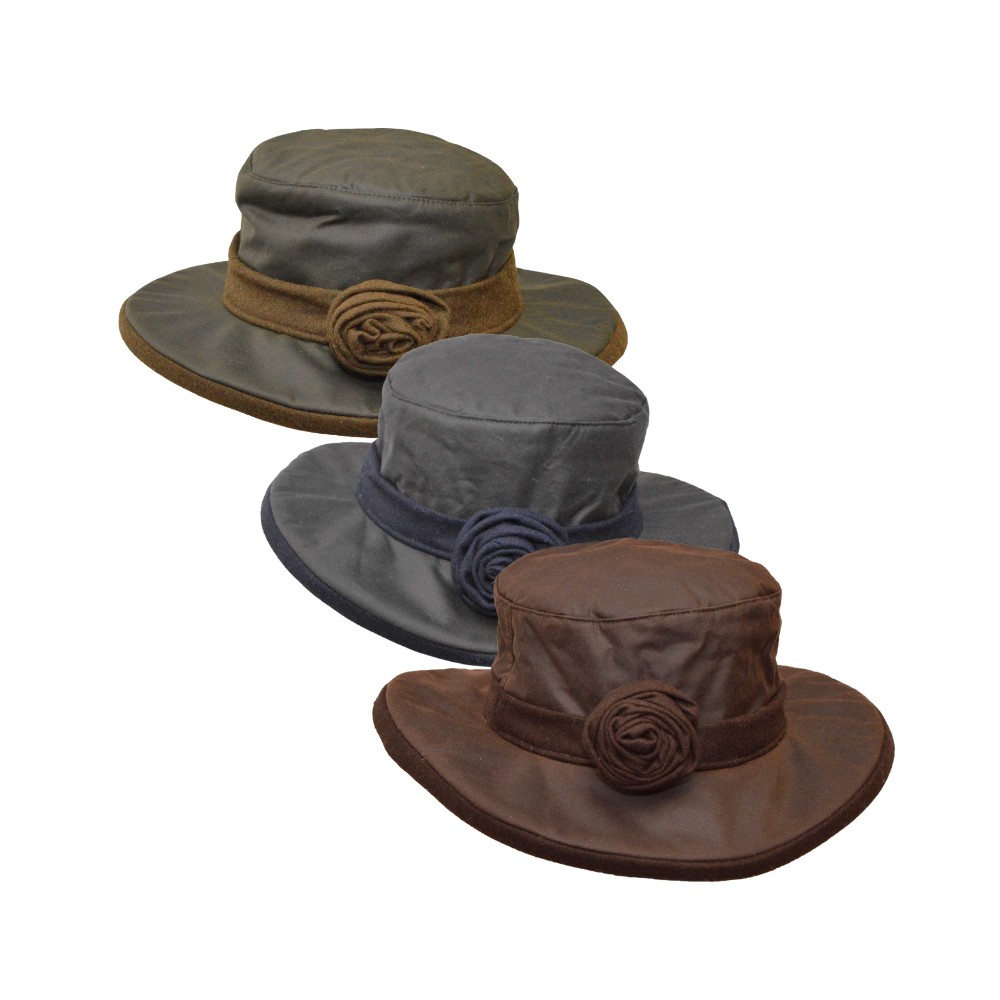 Complete range of the Walker & Hawkes Ladies Wax Windsor Rose hat in olive, navy and brown.