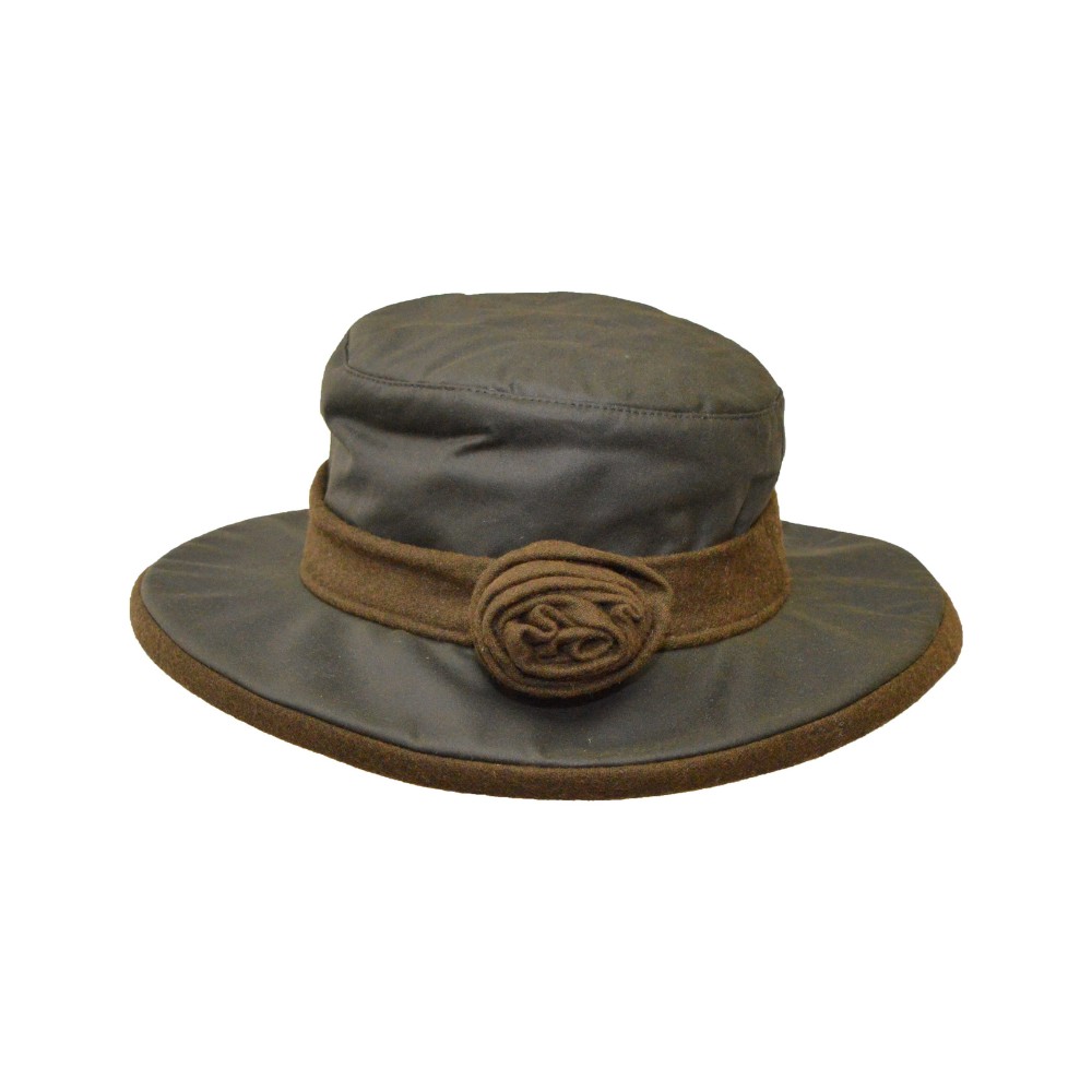 Cut-out photo showing the side of the Walker & Hawkes Ladies Wax Windsor Rose hat in olive.