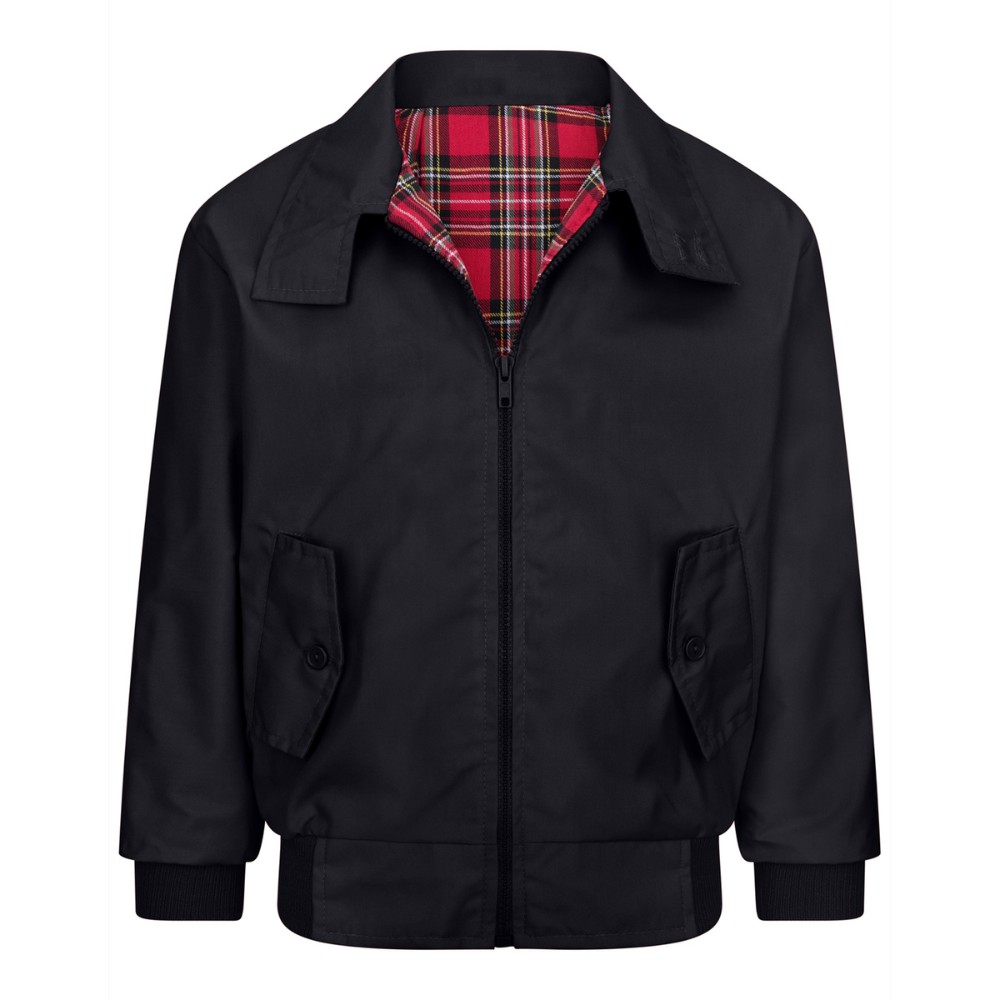 Photo of the front of the Walker & Hawkes kids Harrington jacket in black with the zip partially open.