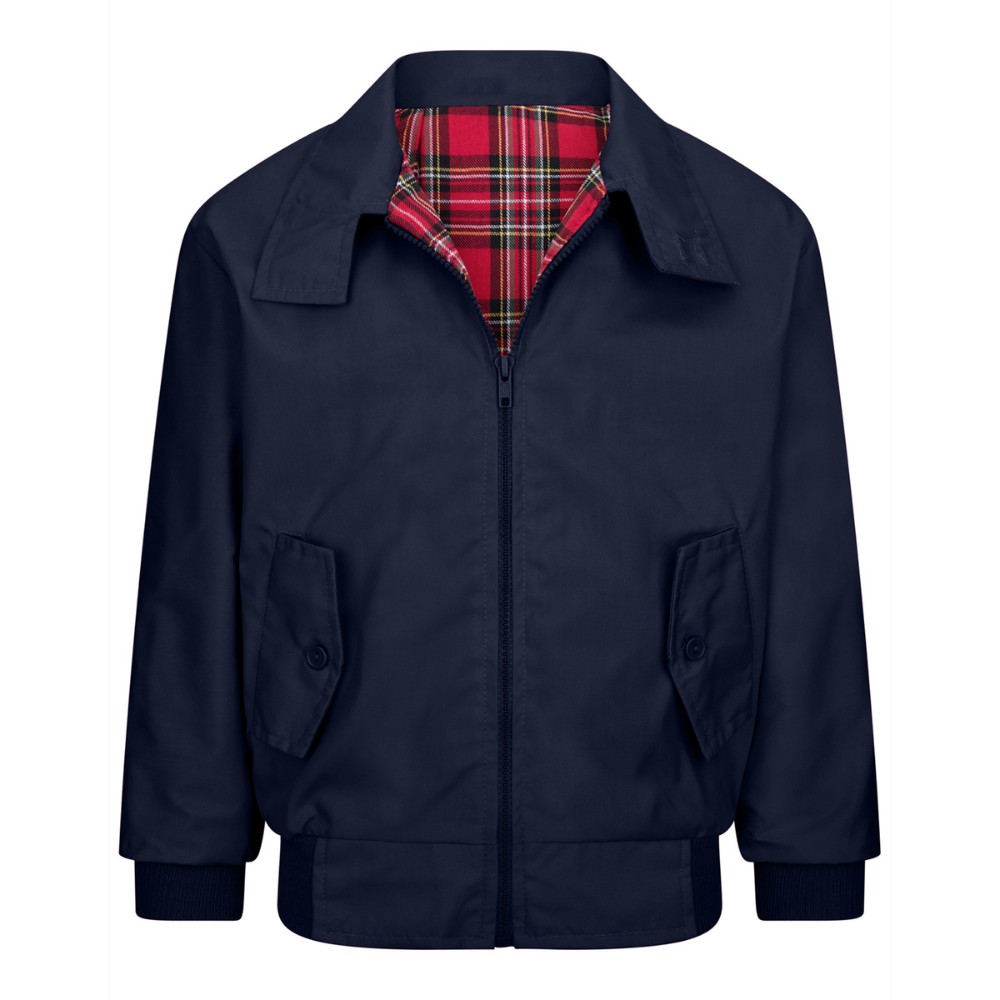 Photo of the front of the Walker & Hawkes kids Harrington jacket in blue, with the zip partially open.