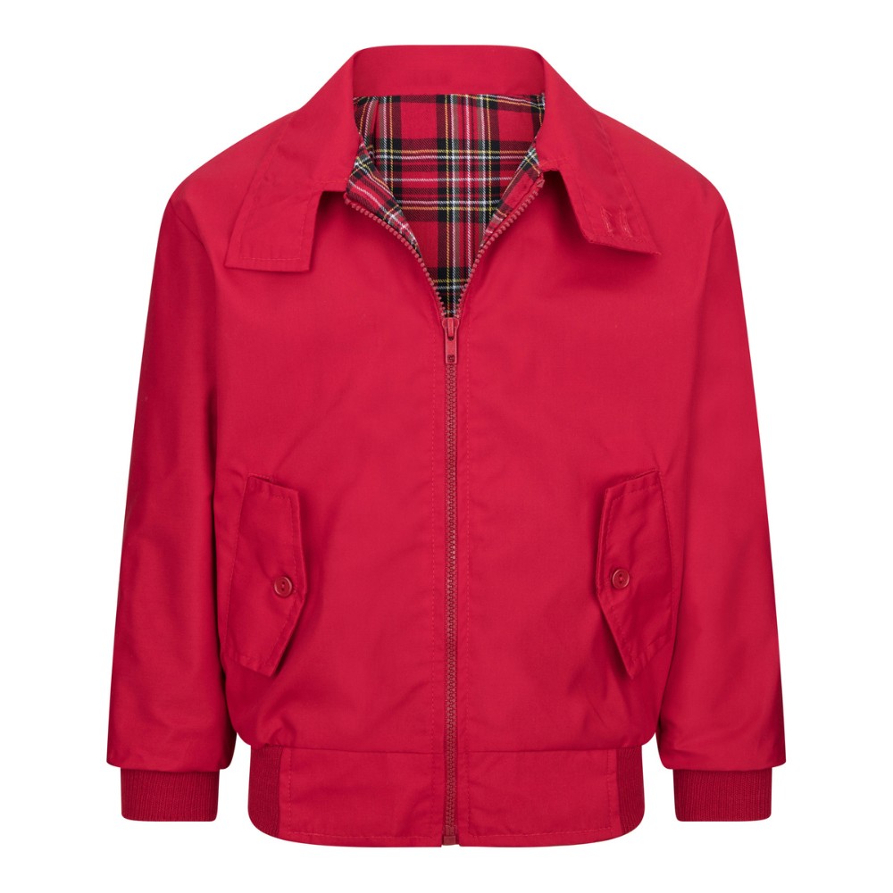 Photo of the front of the Walker & Hawkes kids Harrington jacket in red, with the zip partially open.