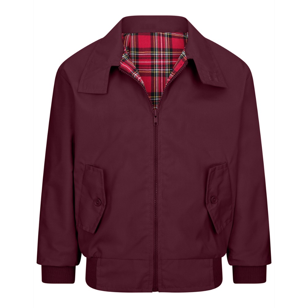 Photo of the front of the Walker & Hawkes kids Harrington jacket in wine, with the zip partially open.