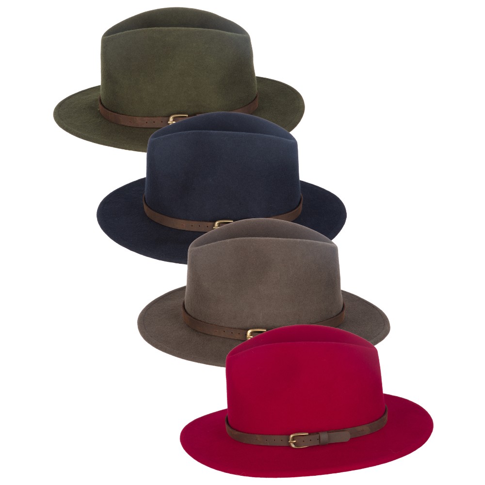 Cut out images of the complete rang the Walker & Hawkes Wool Felt Dalby Outback Hats, available in olive, navy, brown and red.