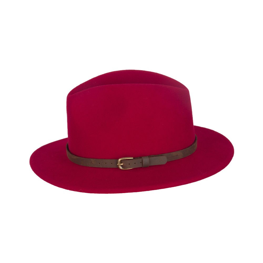 Cut out side view photo of the Walker & Hawkes Wool Felt Dalby Outback Hat in red.