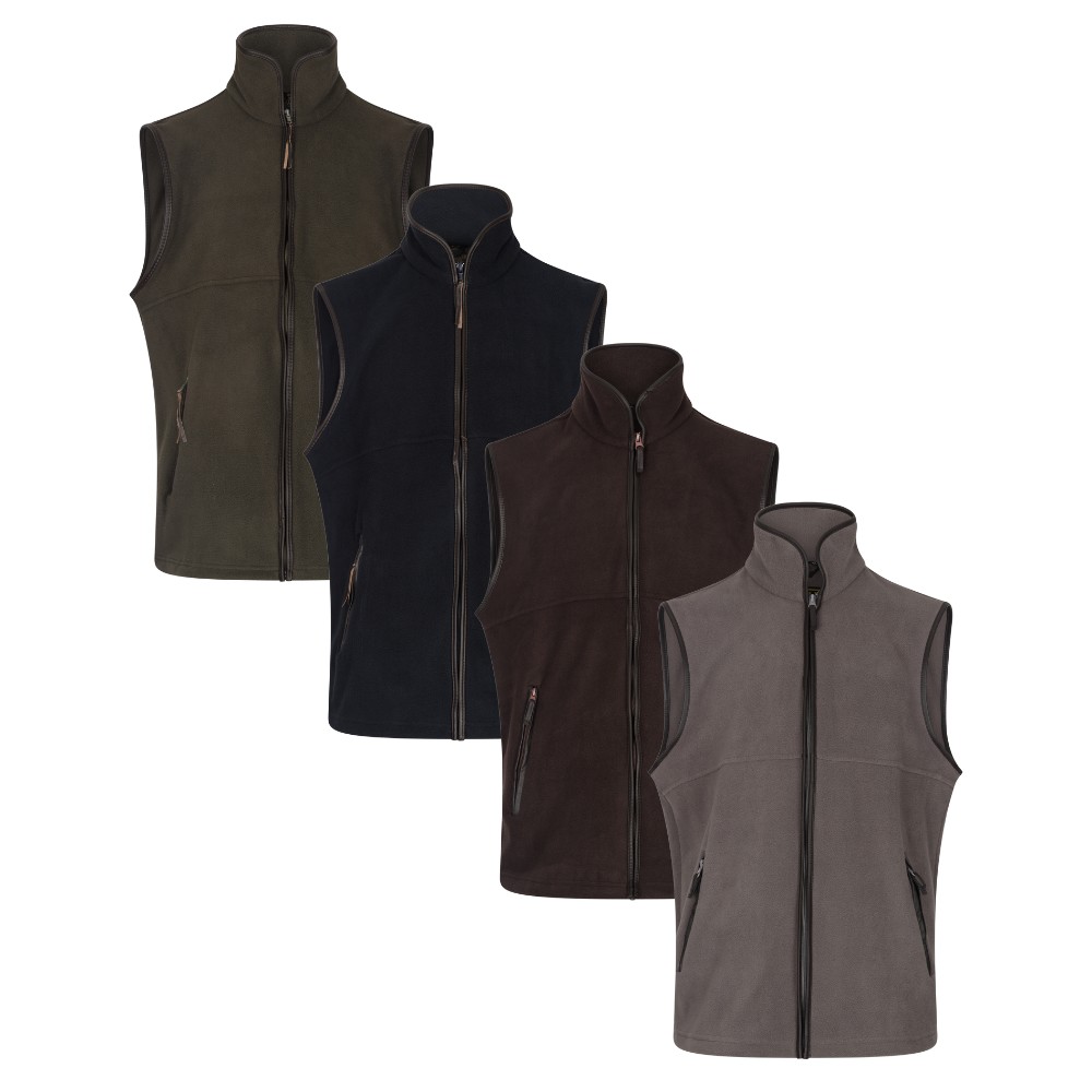 Cut out images of the complete range of Walker & Hawkes Hampton gilets, available in navy, olive and grey.