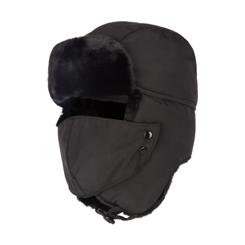 Cut out photo showing a two-thirds view of the Walker & Hawkes faux fur Harrison trapper hat in black with face cover up.
