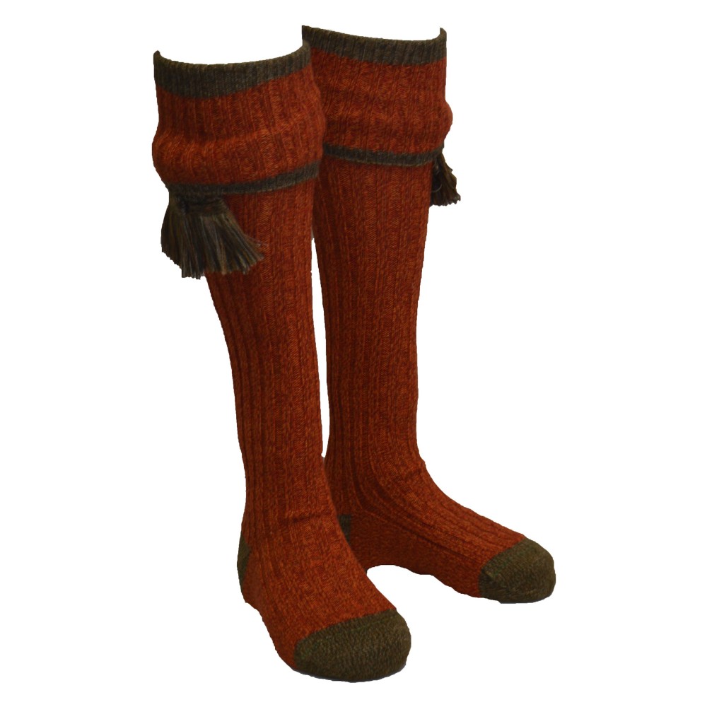 Cut out of a pair of Mens' Merino Wool Kyle Shooting socks with garter ties, in autumn glow.