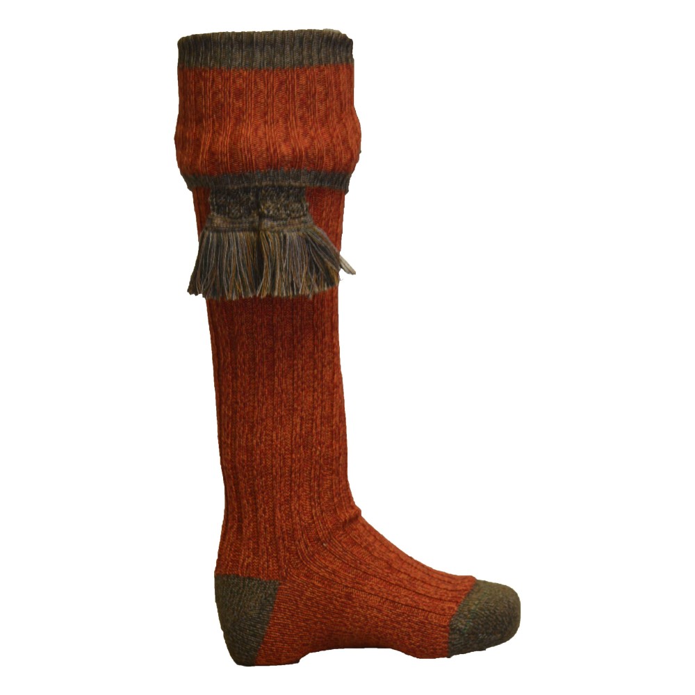 Cut out of a single Mens' Merino Wool Kyle Shooting socks with garter ties, in autumn glow.
