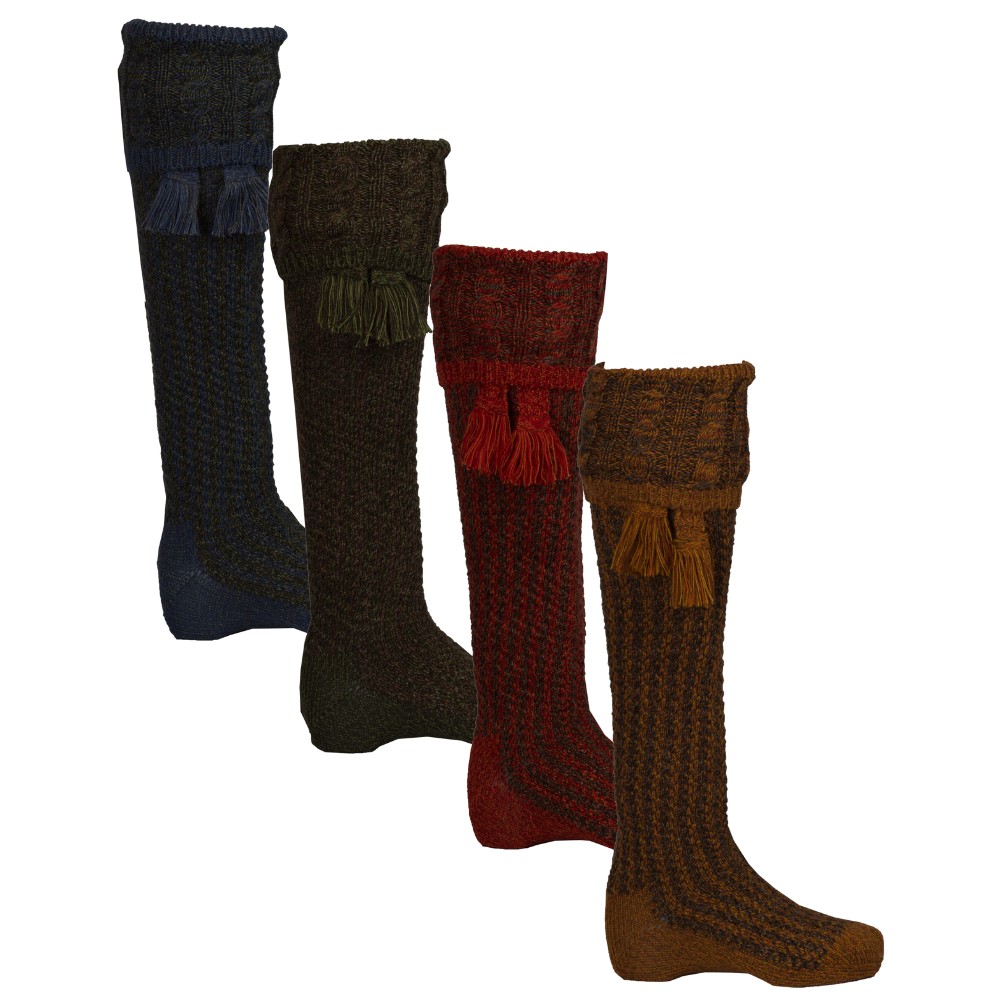 Full range of revier socks, available in blue lovat, Scots pine, autumn glow and wild broom.