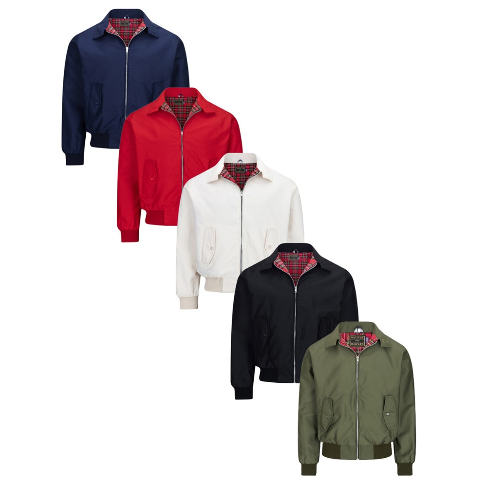 Full range of the Walker & Hawkes Harrington jackets, available in blue, red, stone, black and olive.
