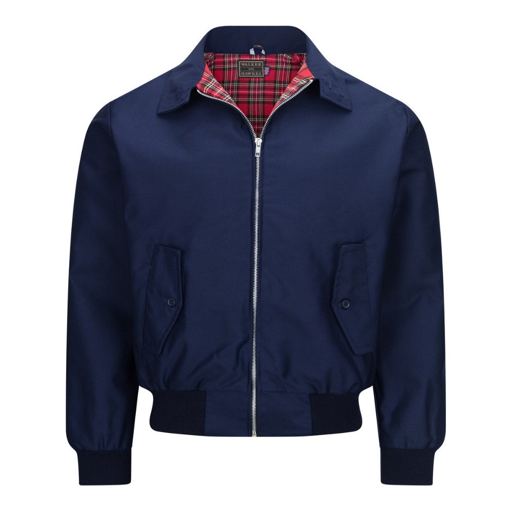 Photo of the rear of the Walker & Hawkes blue Harrington jacket with the zip slightly lowered, revealing a tartan inner lining.