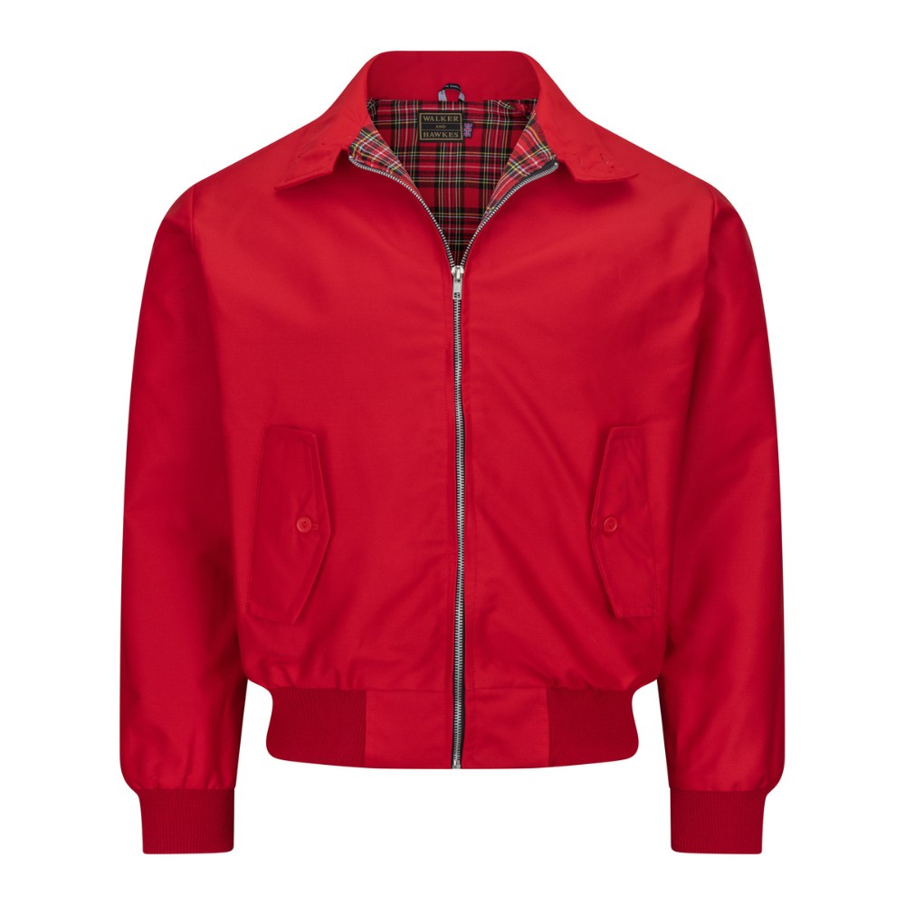 Photo of the rear of the Walker & Hawkes red Harrington jacket with the zip slightly lowered, revealing a tartan inner lining.