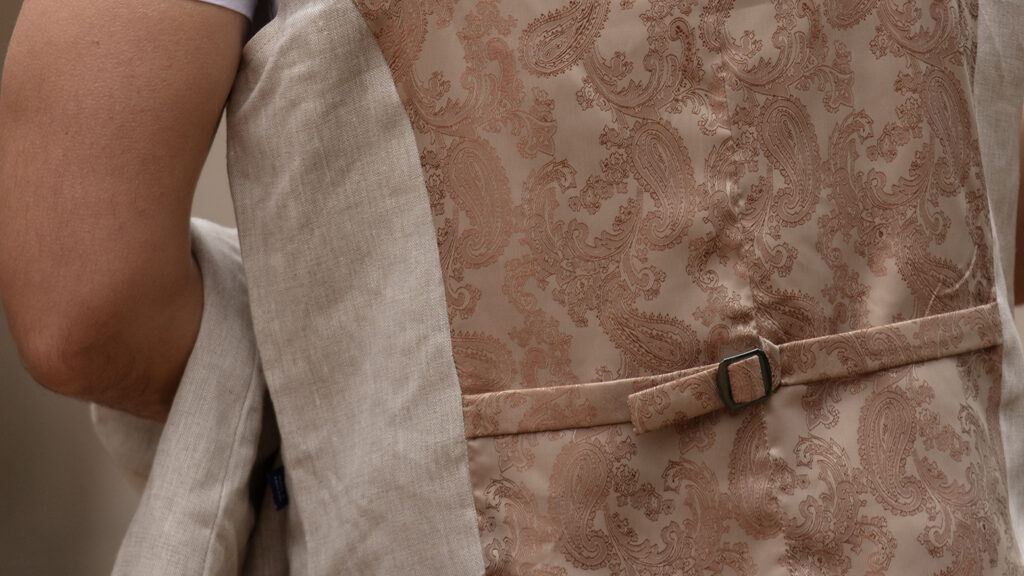 The beautifully embroidered back of the Corbet waistcoat from Walker & Hawkes.