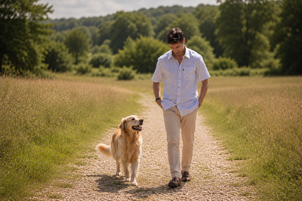 Man walking down a gravel path in a field, accompanied by his golden retriever.
