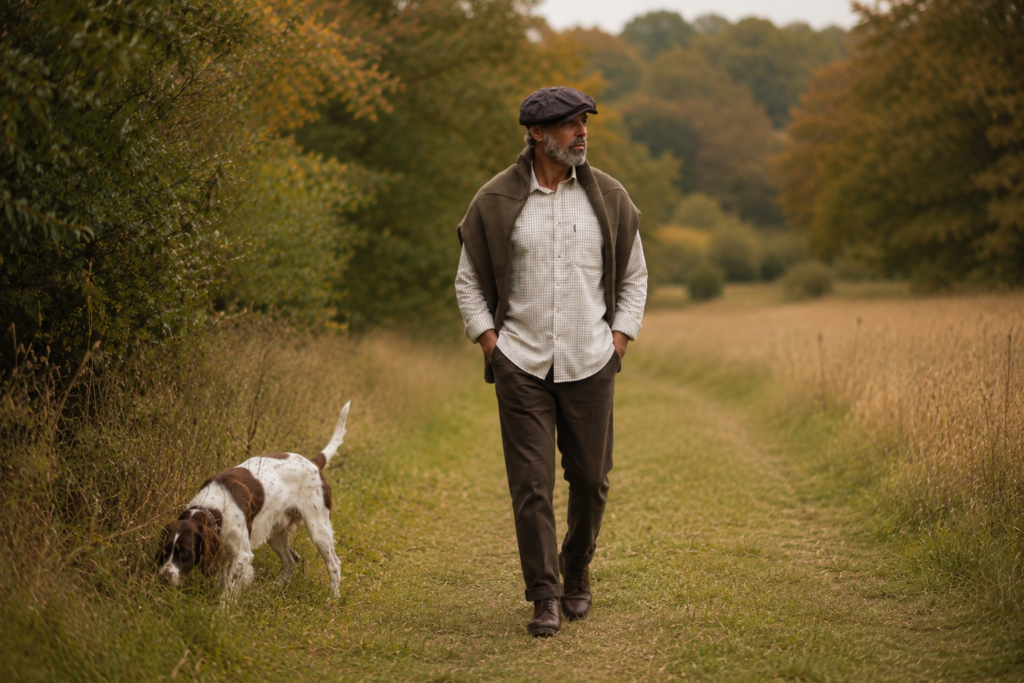 Man wearing Walker & Hawkes clothing enjoying a walk through a field, accompanied by his spaniel.